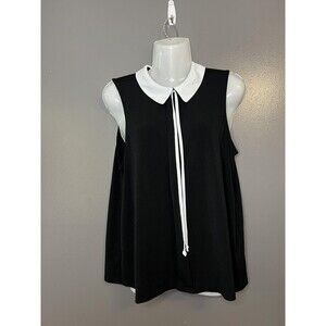 ELLE Shirt Womens Small Black White Peter Pan Collar Tie Neck Sleeveless Top